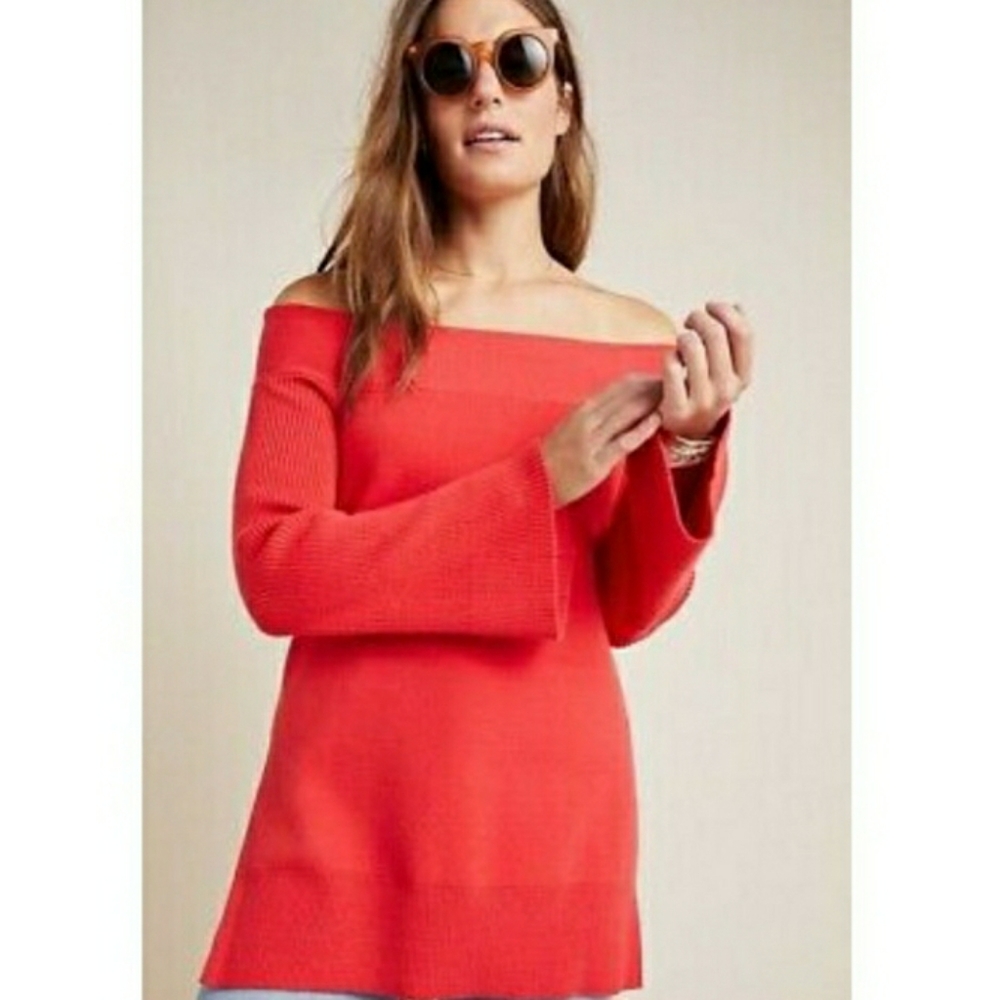 New Anthropologie Elise Ribbed Red Shoulder Tunic Sweater Top